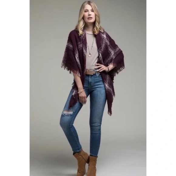 Burgundy Plaid Frayed Fringe Blanket Scarf - Picture 3 of 5